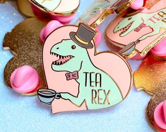 Tea rex T-rex hard enamel pin badge Tyrannosaurus rex pin Trex tea pin badge Tea lover pin Tea lover gift Funny pin badge Dinosaur pin gift
