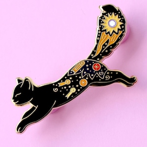 Comet Cat Enamel Pin, Black cat shooting star space lapel pin