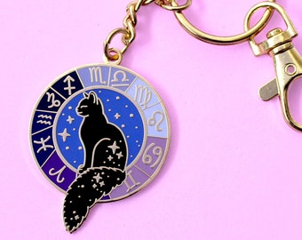 Zodiac cat key chain, Black cat celestial astrology star key ring