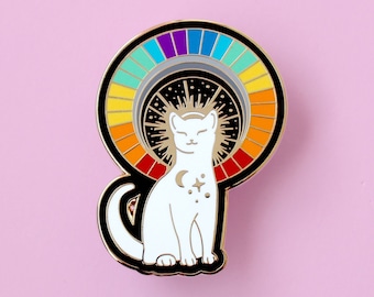 Rainbow cat enamel pin, Rainbow pride pin, white cat weather gift for magic lovers