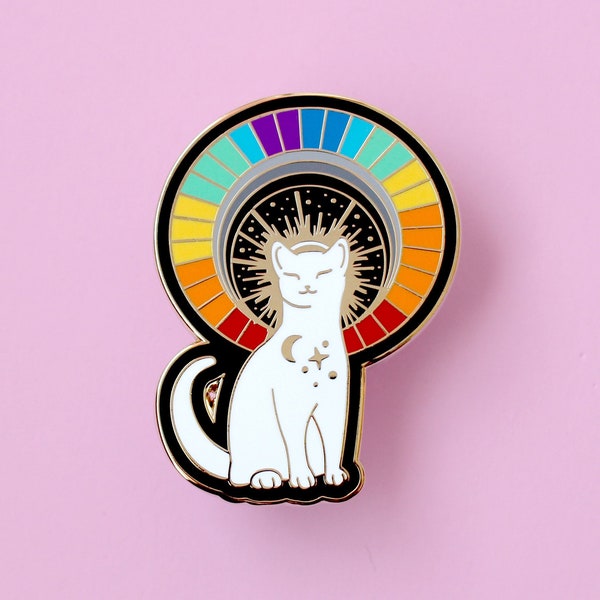 Rainbow cat enamel pin, Rainbow pride pin, white cat weather gift for magic lovers
