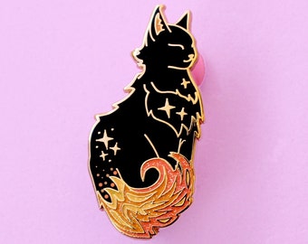 Fire cat enamel pin, Black cat glitter pin, Fire element for cat lover