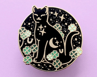 Good Luck Cat Enamel Pin - Witchy Cat with Stars, Moons, and Glittery Background