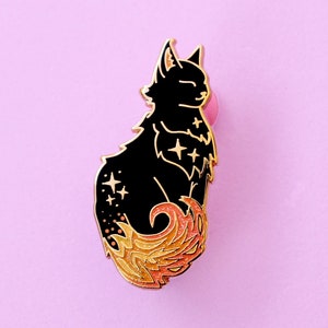 Fire cat enamel pin, Black cat glitter pin, Fire element for cat lover