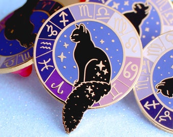 Zodiac cat enamel pin Black cat pin Celestial enamel pin Astrology pin Astrology gift Zodiac pin Magic pin Star pin Celestial jewellery