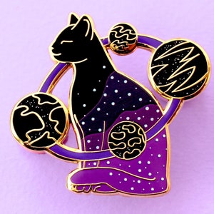 Universe Cat Enamel Pin, Black and purple glitter space cat lapel pin