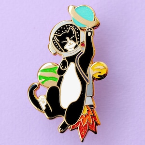 Astronaut Cat enamel pin, black cat space pin playing with planets