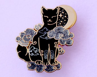 Cloud cat enamel pin, Cloud weather pin with glitter moon, Climate cats black cat pin