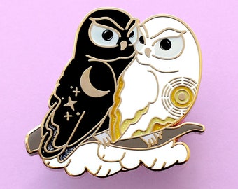 Day and Night Owls Enamel Pin, Cute Black and White Celestial Owl Pin