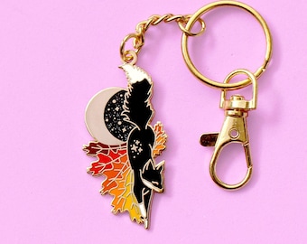 Fall Fox enamel key chain; Autumn season leaves moon fox key ring