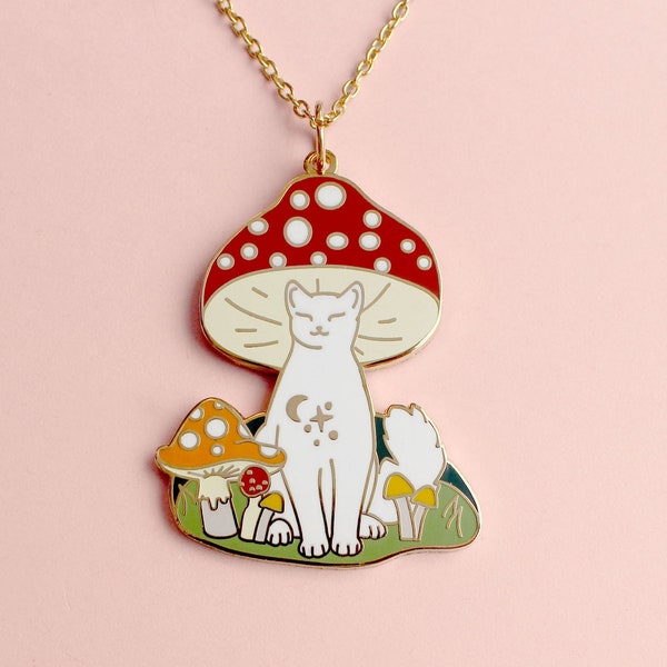 Mushroom Cat necklace, Autumn Fall Toadstool necklace