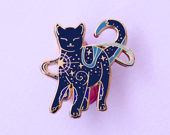 Star cat enamel pin, Galaxy cat, Blue cosmic cat pin with celestial elements