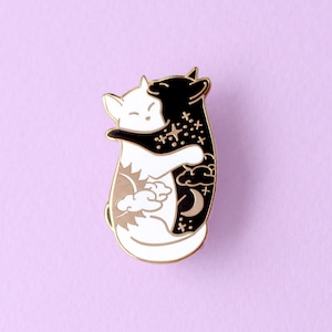 Cute day and night hugging cat enamel pin Celestial cat Cute pin Black cat pin Yin yang cat pin White cat pin Galaxy cat Night cat Valentine image 1