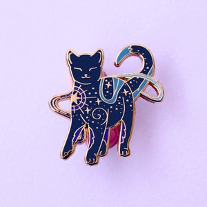 Star cat enamel pin, Galaxy cat, Blue cosmic cat pin with celestial elements