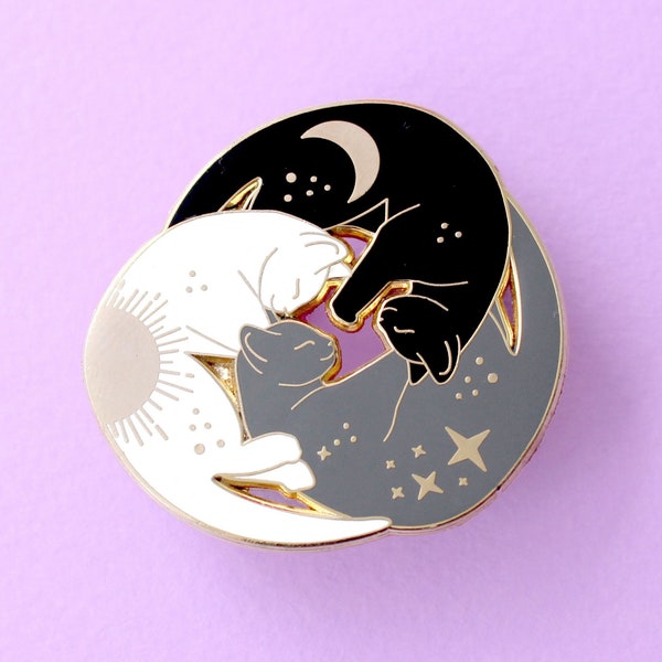 Trio of cats enamel pin Cat enamel pin Black cat pin Celestial enamel pin Sleeping cat Astrology pin cat Sun moon and stars Zodiac Cat lover