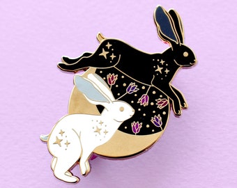 Black and White Hares and Moon Enamel Pin, Good luck hare gift