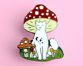 Mushroom cat enamel pin White cat pin Fall cat Autumn cat Mushroom enamel pin Autumn enamel pin Fall enamel pin Cat gift Mushroom Red orange