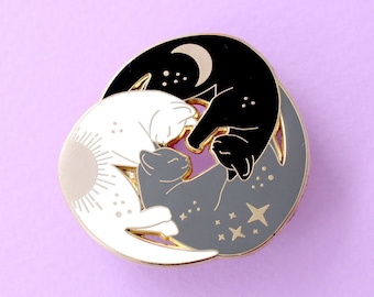 Trio of cats enamel pin Cat enamel pin Black cat pin Celestial enamel pin Sleeping cat Astrology pin cat Sun moon and stars Zodiac Cat lover