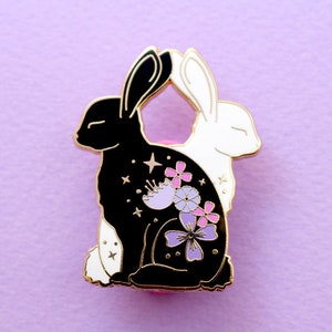 Floral Rabbit enamel pin Animal with flowers Animal enamel pin Black and white Yin and yang Bunny pin Floral rabbit pin Black and white