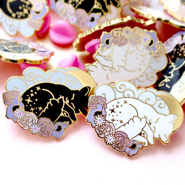 Sleeping cat hard enamel pin - black or white Flower cat Cat on moon Cute cat pin Celestial cat pin Galaxy cat Space cats Dreaming pin Cloud