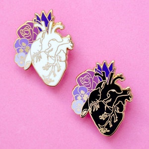 Anatomical heart enamel pin Romantic pin Romantic pin Heart pin Heart and flowers Anatomy pins Black heart pin Gothic pin Realistic heart image 1