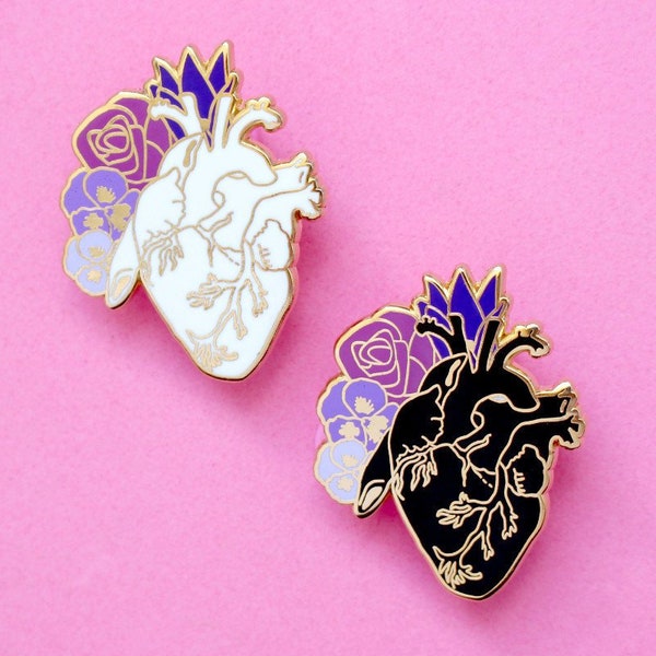 Anatomical heart enamel pin Romantic pin Romantic pin Heart pin Heart and flowers Anatomy pins Black heart pin Gothic pin Realistic heart