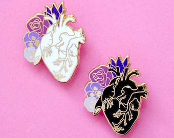 Anatomical heart enamel pin Romantic pin Romantic pin Heart pin Heart and flowers Anatomy pins Black heart pin Gothic pin Realistic heart