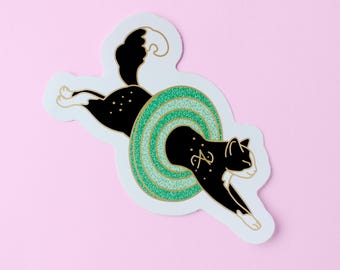 Space Portal Cat Sticker, black cat through green space portal lapel sticker