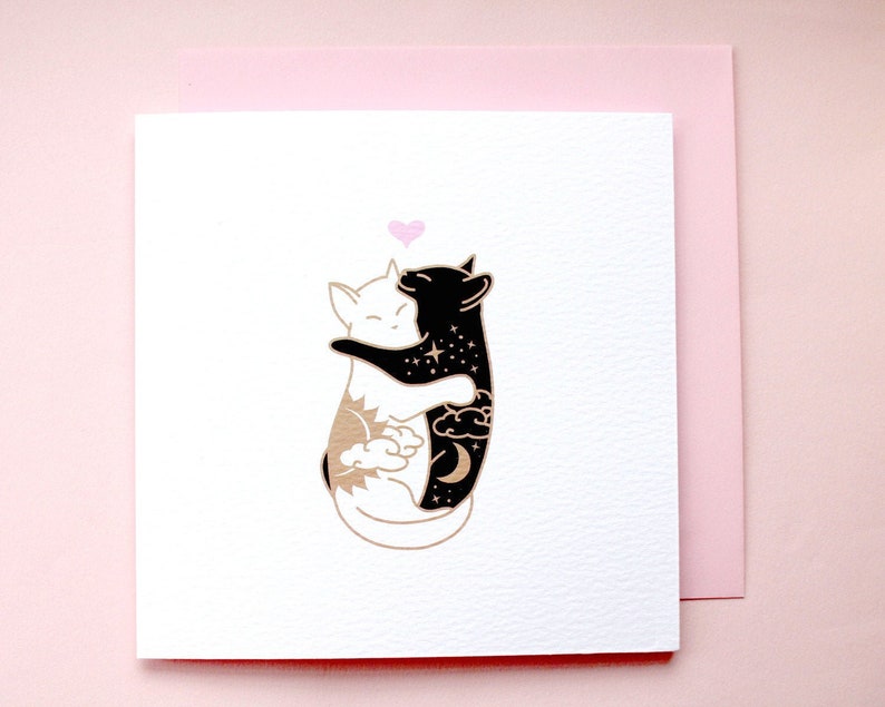 Day & Night Hugging cats card Anniversary card Cat love Card for wife girlfriend Cat valentines card Cat lady card I love you card Cute image 1