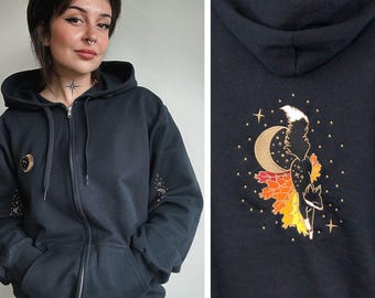 Fall fox embroidered zip up hoodie, autumn leaves black unisex hoodie