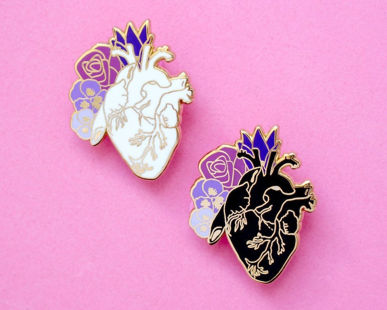 Anatomical heart enamel pin Romantic pin Romantic pin Heart pin Heart and flowers Anatomy pins Black heart pin Gothic pin Realistic heart image 1