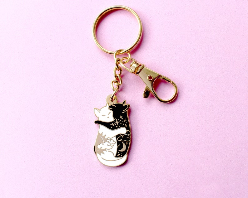 Day & Night Hugging Cat Keychain Yin yang cat Moon keychain Cute keychain Cat lover Stocking stuffer Cat lady gifts Constellation Black cat image 4