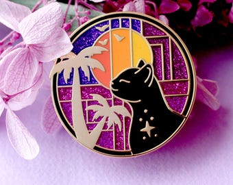 Palm Beach Cat Enamel Pin; Art Deco Miami sunset cat with golden palms