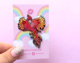 Phoenix enamel pin Phoenix pin Magical pin Magic pin Mythological creature Bird enamel pin Red orange pink Survivor Animal MythicalFlying