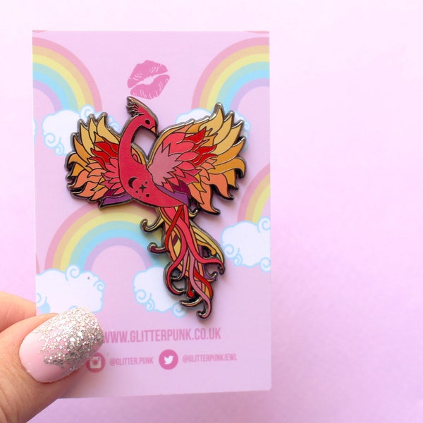 Phoenix enamel pin Phoenix pin Magical pin Magic pin Mythological creature Bird enamel pin Red orange pink Survivor Animal MythicalFlying