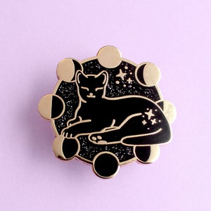 Moon phases cat enamel pin; space themed black cat lapel pin