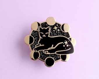 Moon phases cat enamel pin; space themed black cat lapel pin