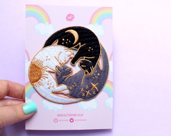 Trio of cats iron on patch Embroidered patch Celestial Back patch Cat lover gift Constellation Cat patch Yin yang Zodiac Astrology Moon