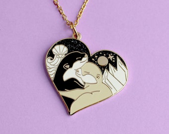 Hugging Otters Necklace; Black and white otters gift