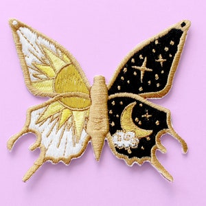 Butterfly iron-on patch, Black and white celestial butterfly embroidered patch