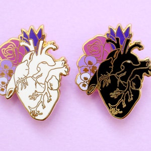 Anatomical heart enamel pin Romantic pin Romantic pin Heart pin Heart and flowers Anatomy pins Black heart pin Gothic pin Realistic heart image 3