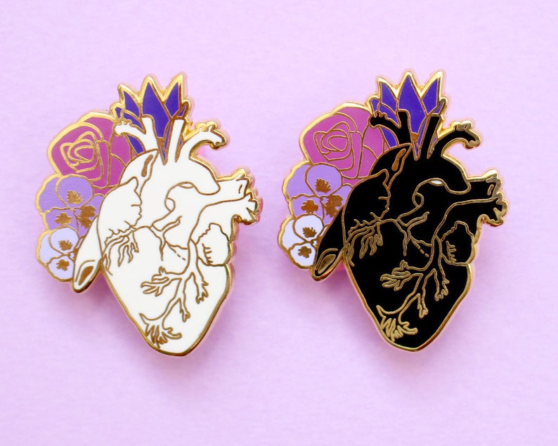 Anatomical heart enamel pin Romantic pin Romantic pin Heart pin Heart and flowers Anatomy pins Black heart pin Gothic pin Realistic heart image 3