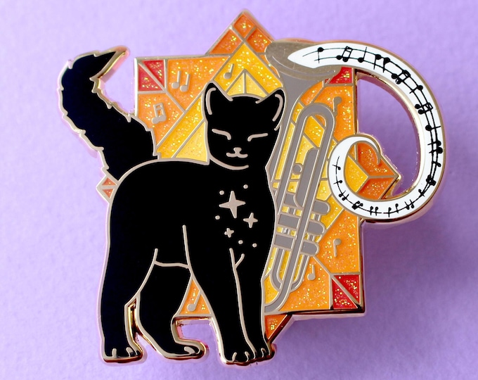 Art Deco Music Cat Enamel Pin; Classic music jazz gift featuring a black cat with a trumpet music notes