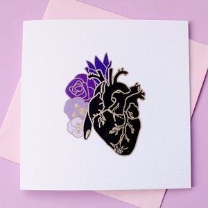 Anatomical heart romantic card Heart and flowers Anatomy Anniversary card Love card Black heart card Gothic love card Realistic heart card