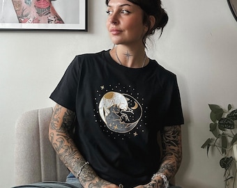 Trio of cats t-shirt, Celestial sleeping astrology cats tee