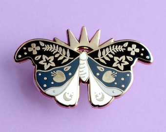 Moth enamel pin, Black and white moon moth insect