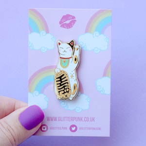 Lucky cat enamel pin; Calico Maneki neko lapel pin