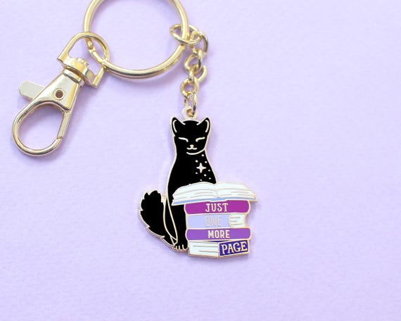 Just One More Page Book Cat key chain; Black reading cat literary bookworm gift