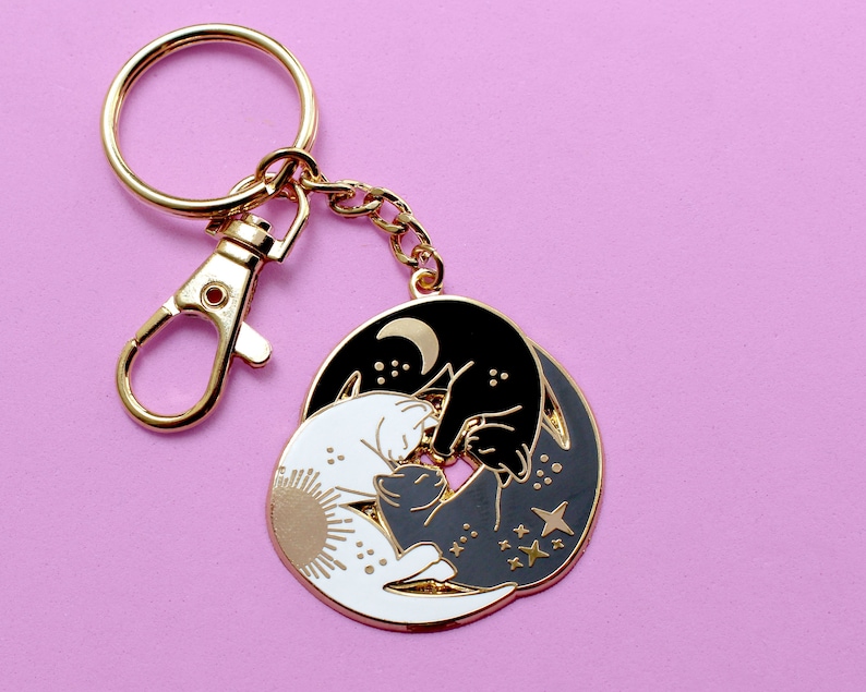 Trio of cats keychain Black cat keychain Celestial keychain Sleeping cat Astrology keychain Sun moon and stars Zodiac Cat lover gift image 1