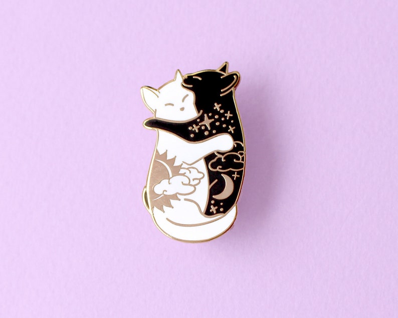 Cute day and night hugging cat enamel pin Celestial cat Cute pin Black cat pin Yin yang cat pin White cat pin Galaxy cat Night cat Valentine image 1